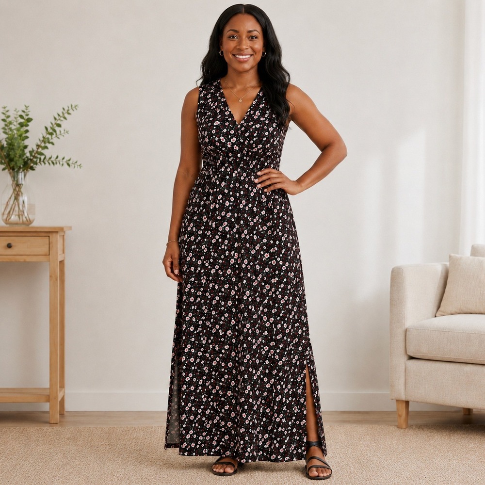 J. Jill Wearever Black Floral Sleeveless V-Neck Maxi Dress MEDIUM
